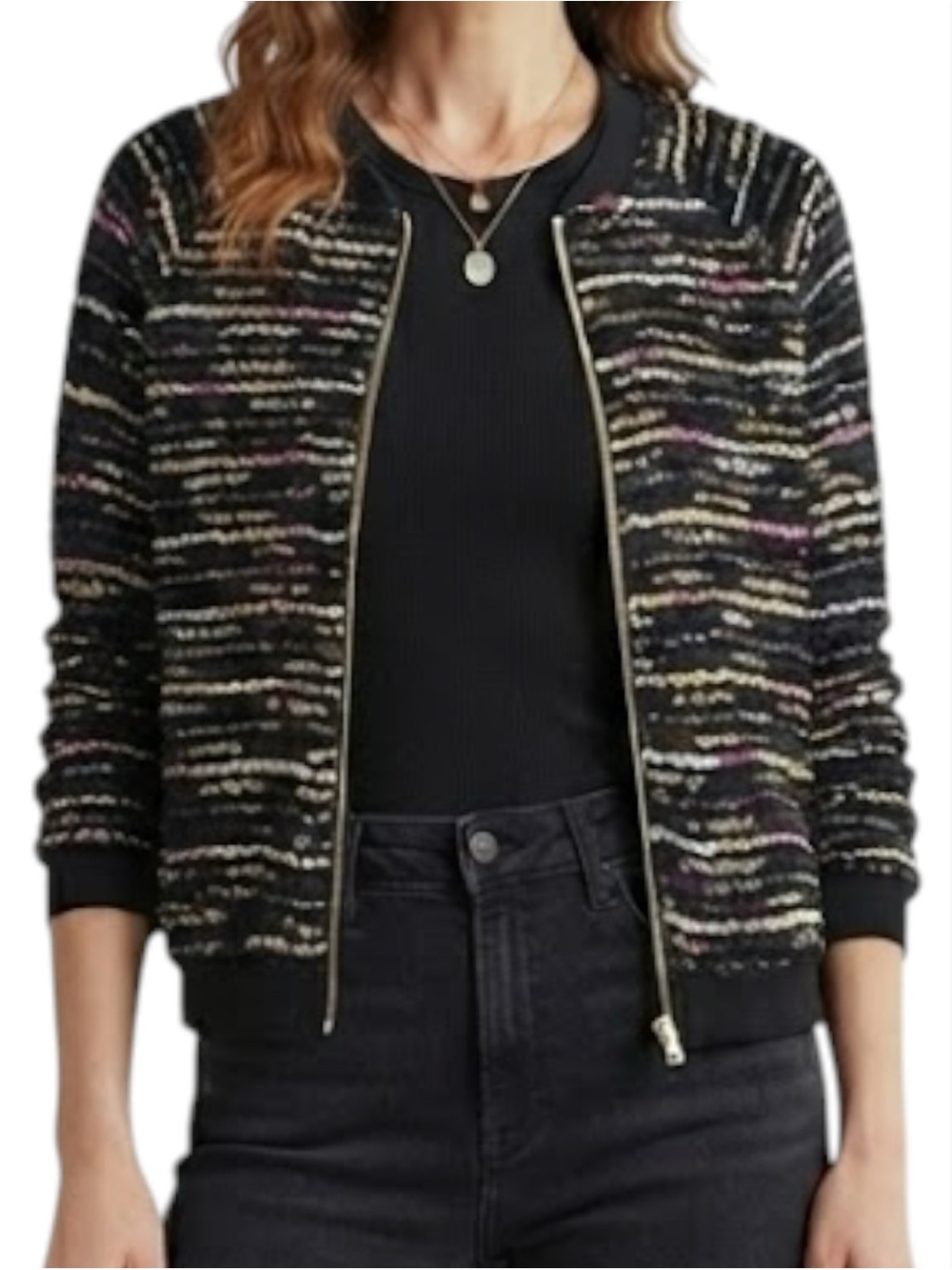 H&M Black Metallic Stitch Zip Front Raglan Knit Bomber Jacket Medium